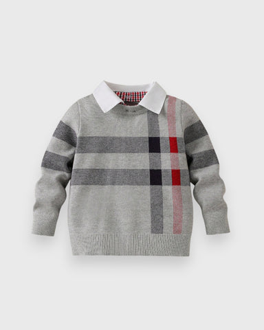 Toddler Boys Plaid Crew neck Knit Collared Sweater