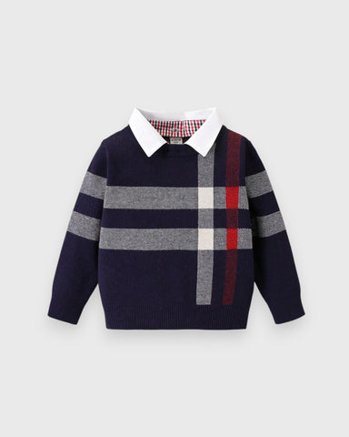Toddler Boys Plaid Crew neck Knit Collared Sweater