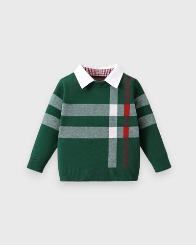 Toddler Boys Plaid Crew neck Knit Collared Sweater
