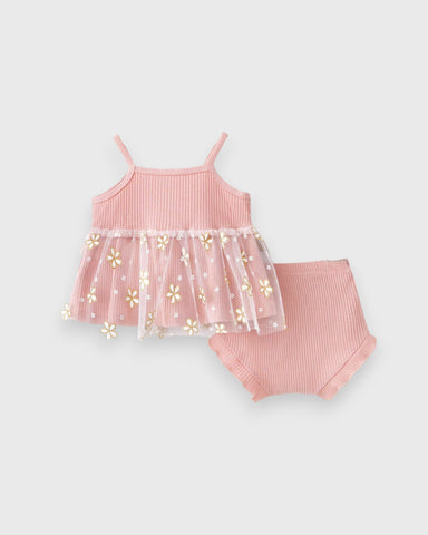 2 Pcs Baby Girl Daisy Rib Cami Sheer Peplum top with Shorts Set