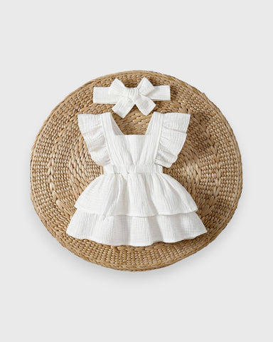Baby Girl Cotton Ruffle Trim Layer Hem Dress With Bow Headband