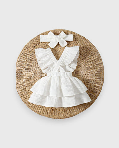 Baby Girl Cotton Ruffle Trim Layer Hem Dress With Bow Headband