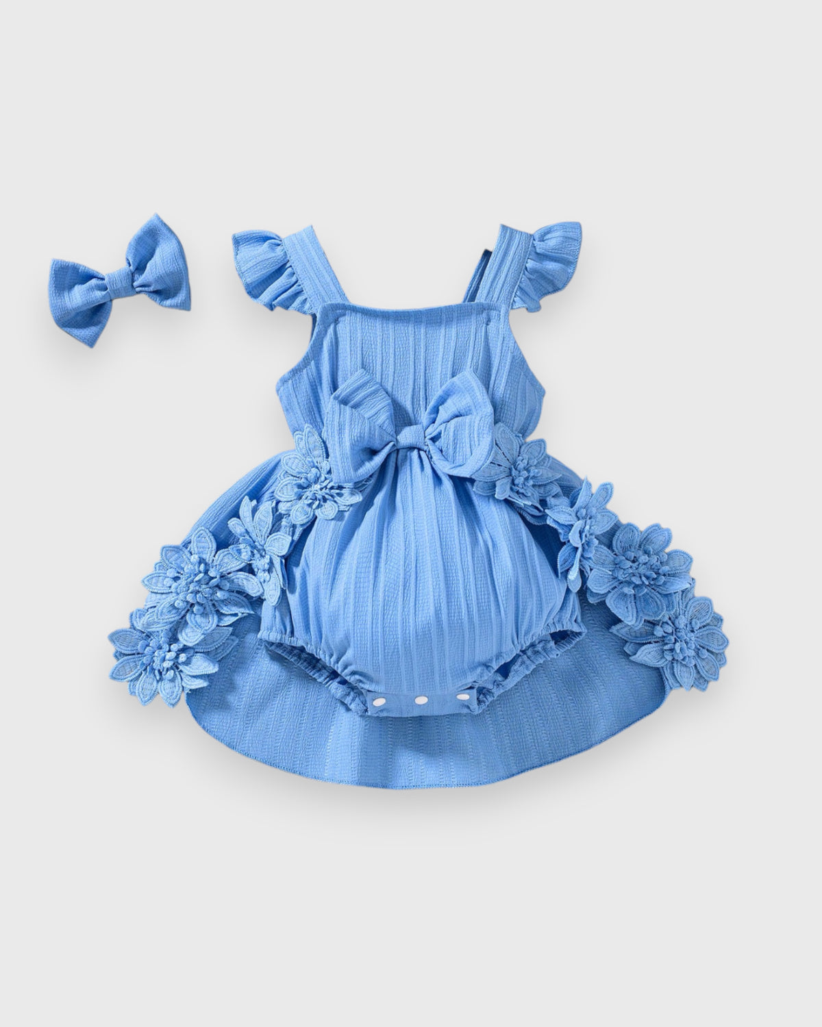Blue baby girls' bodysuit dress with high-low floral-trimmed skirt, bow and headband.