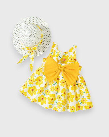 2 Pc Baby Girl Bow Back Flower Dress w/ Sun Hat