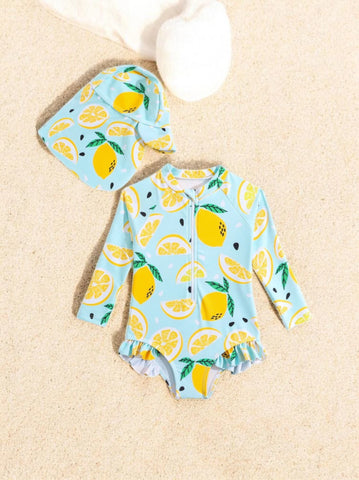 2 Pc Baby Girl Orange One-Piece Swimsuit with Hat