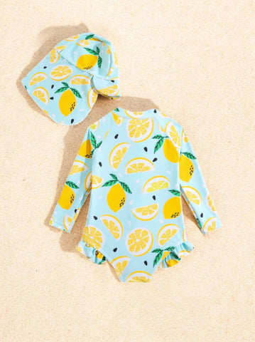 2 Pc Baby Girl Orange One-Piece Swimsuit with Hat