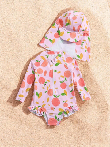 2 Pc Baby Girl Orange One-Piece Swimsuit with Hat