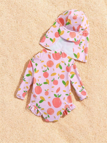 2 Pc Baby Girl Orange One-Piece Swimsuit with Hat
