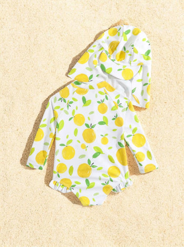 2 Pc Baby Girl Orange One-Piece Swimsuit with Hat