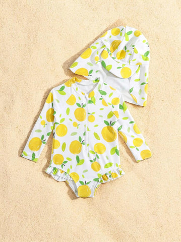 2 Pc Baby Girl Orange One-Piece Swimsuit with Hat