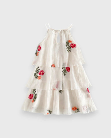Girls Tiered Emb Flower Mesh Dress