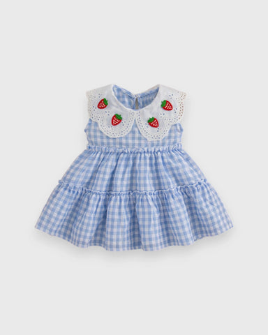 Girls Scallop Lace Strawberry Gingham Dress