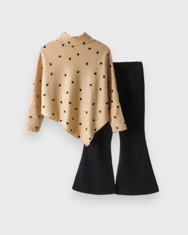 2 Pc Girls Heart Print Knit Poncho & Flare Pants Set