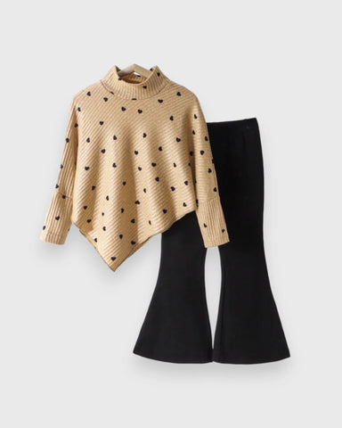 2 Pc Girls Heart Print Knit Poncho & Flare Pants Set