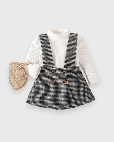 2 Pcs Baby Girl ribbed bodysuit Brown Houndstooth Suspender Skirt