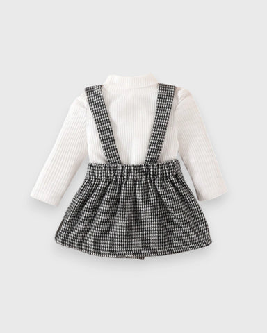 2 Pcs Baby Girl ribbed bodysuit Brown Houndstooth Suspender Skirt