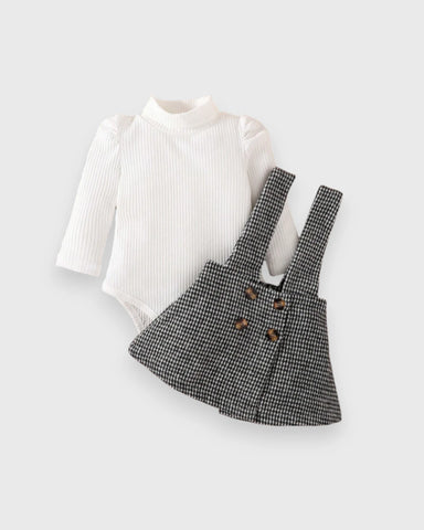 2 Pcs Baby Girl ribbed bodysuit Brown Houndstooth Suspender Skirt