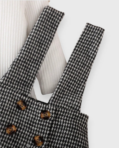 2 Pcs Baby Girl ribbed bodysuit Brown Houndstooth Suspender Skirt