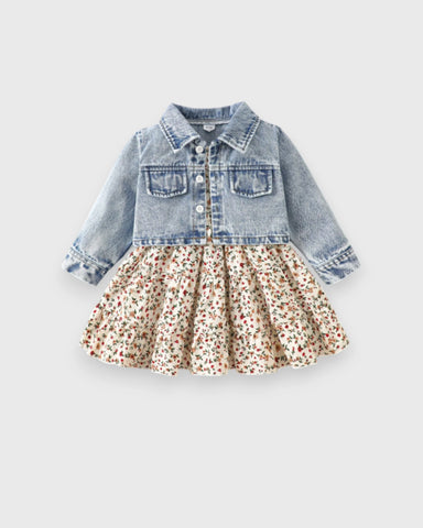 2 Pcs Toddler Baby Girl Ditsy Floral Layered Cami Dress with Blue Denim Crop Jacket