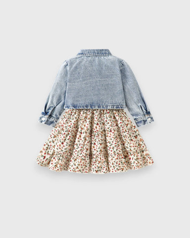 2 Pcs Toddler Baby Girl Ditsy Floral Layered Cami Dress with Blue Denim Crop Jacket