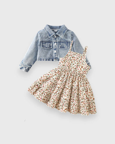 2 Pcs Toddler Baby Girl Ditsy Floral Layered Cami Dress with Blue Denim Crop Jacket