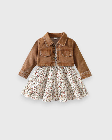 2 Pcs Toddler Baby Girl Ditsy Floral Layered Cami Dress with Blue Denim Crop Jacket