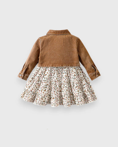 2 Pcs Toddler Baby Girl Ditsy Floral Layered Cami Dress with Blue Denim Crop Jacket