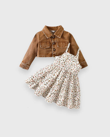 2 Pcs Toddler Baby Girl Ditsy Floral Layered Cami Dress with Blue Denim Crop Jacket