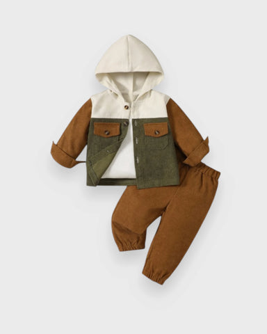 Baby outfit with a cream, brown and green colorblock shirt shown over a hooded top, alongside brown pants