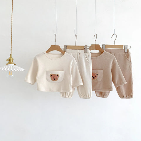 Baby Boys Girls Bear Pocket Long Sleeve Waffle Set