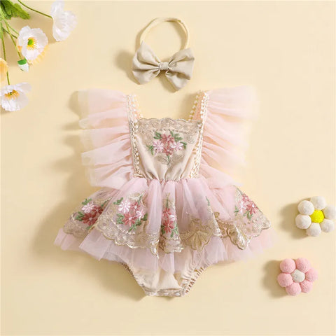 Baby Girl Lace Royal Embroidery Flower Princess Bodysuit