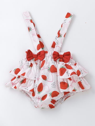 3 Pcs baby Girl Summer Fresh Red Strawberry Fruit Ruffle Suspenders Overalls Onesie Bodysuit