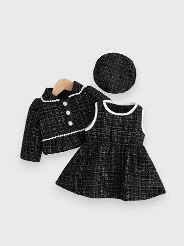 3 Pcs Baby Girl Tweed Coat, Dress and Beret Set