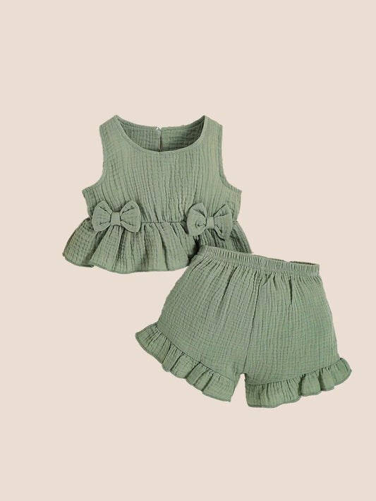 2 Pcs Baby Girl Bow Front Ruffle Hem Tank Top & Shorts