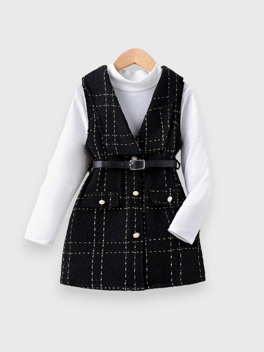 2 Pcs Toddler Girl Tweed Vest Dress