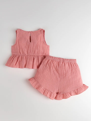 2 Pcs Baby Girl Bow Front Ruffle Hem Tank Top & Shorts