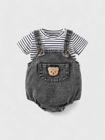 2 Pc Baby Boy Stripe Tee & Denim Overalls