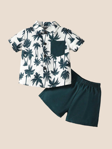 Baby Boy 2 Piece Tropical Palm Leaf Collar Shirt Top and Shorts Set