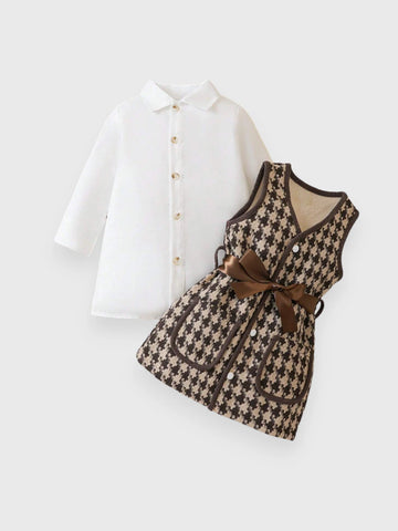 2 Pc Baby Girl Thick Houndstooth Vest & Blouse Dress