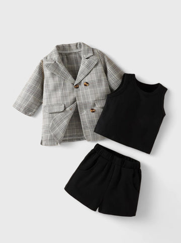 3 Pc Baby Girl Plaid Print Blazer, tanks and Shorts Set