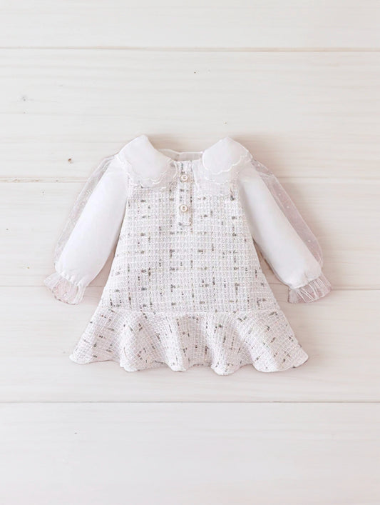 Baby Girl Sheer Collar and Sleeve Tweed Dress