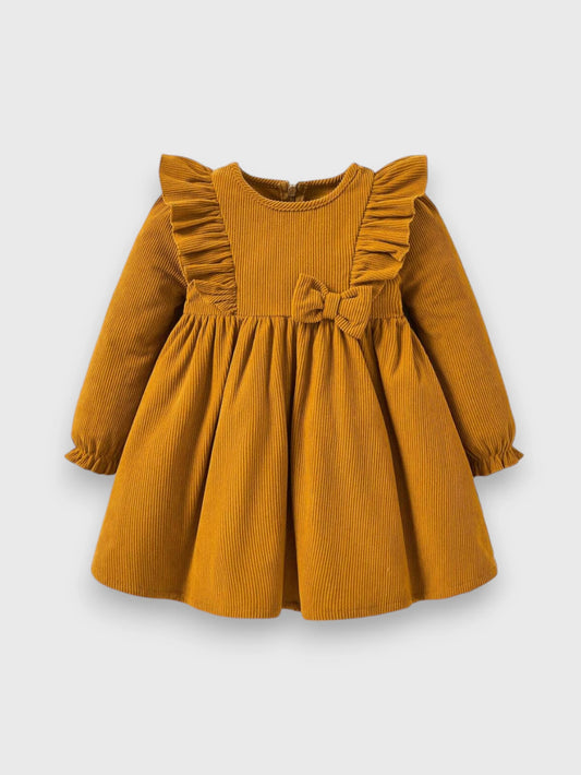 Baby Girl Ruffle Trim Bow Corduroy Dress