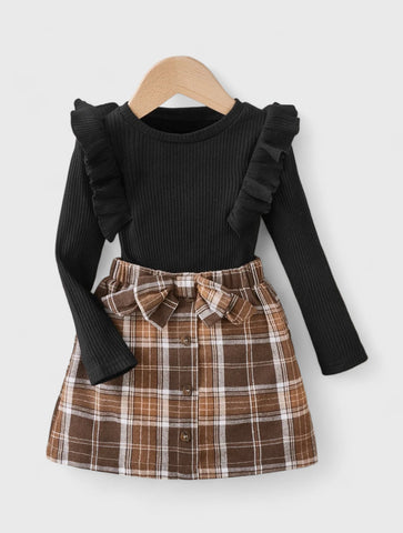 2 Pc Ribbed Shirt with Plaid Skirt