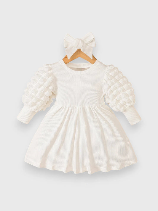 2 Pc Baby Girl Textured Puff Sleeve Dress