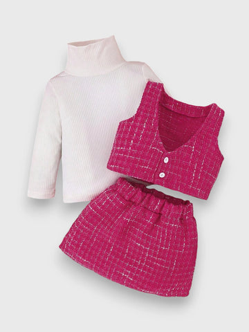 3 Pcs Baby Girl Tweed Vest Set