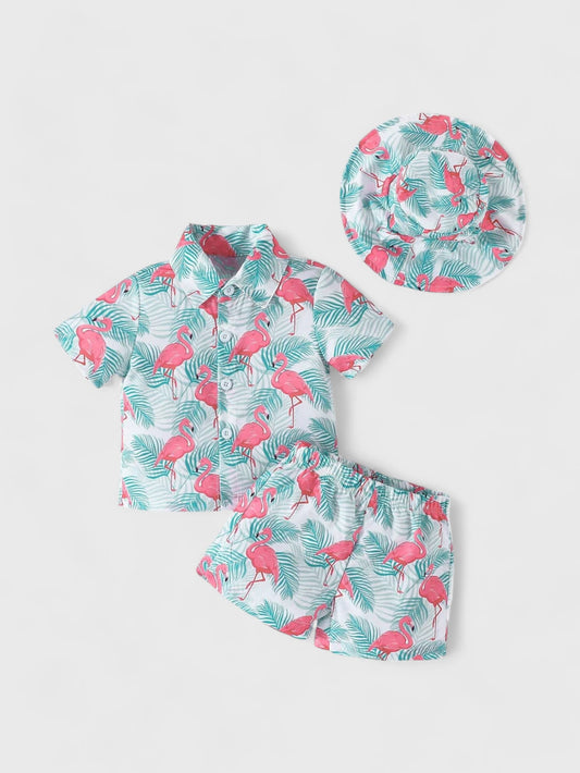 3 Pc Baby Boy Flamingo Shirt and Shorts Set