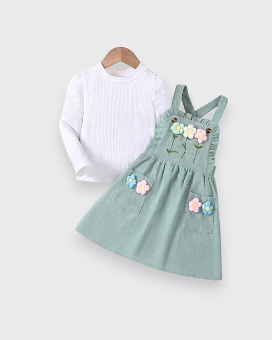 2Pc Girls 3D Floral Corduroy Dress w/ Shirt