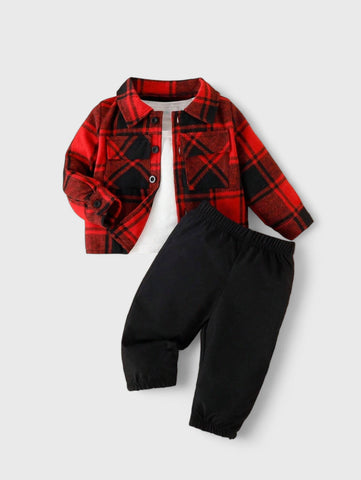 2 Pc Baby Boy Button up Plaid Shirt with Pant Set