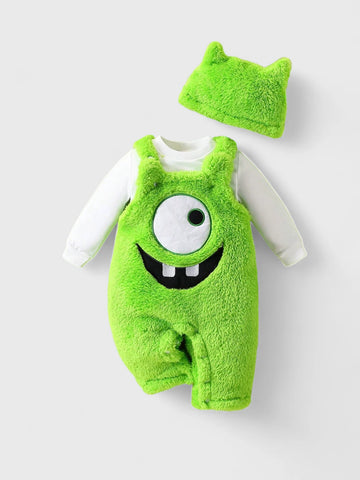 3 Pc Baby Green Monster Fleece Overalls Set