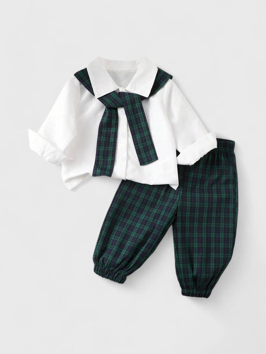 3 Pc Baby Boy Plaid Shawl Pants Set